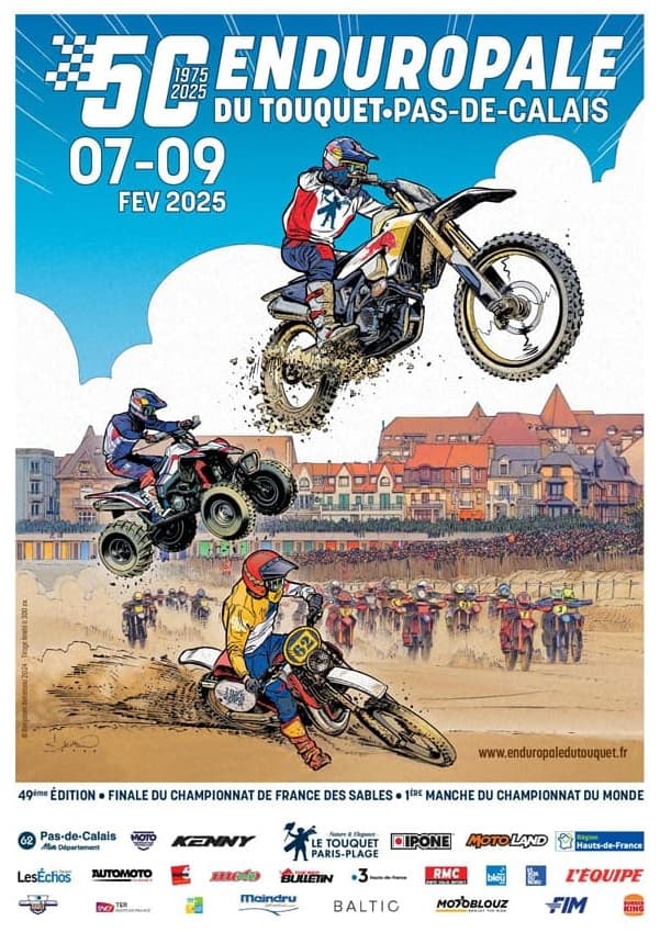 Affiche officielle de l'Enduropale du Touquet 2025, représentant des pilotes des courses vintage, motos, quads, juniors et espoirs.